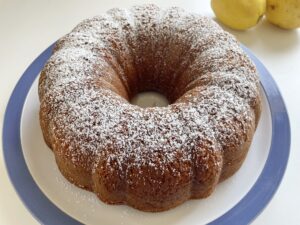 Finished lemon cake dusted with powdered sugar